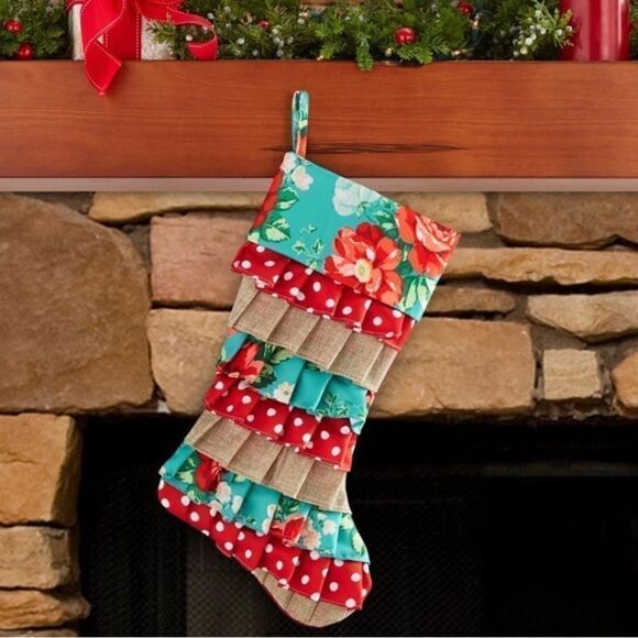 🦋 The Pioneer Woman (1) Red Roses Ruffle Christmas Stocking, 20"h - Picture 3 of 6